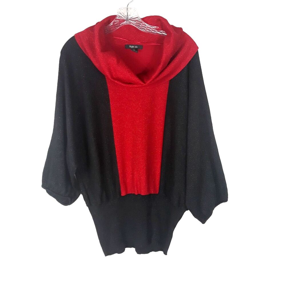 STYLE & CO. Cowl Neck Sweater Top Womens XL Red Black Shimmer Festive Dolman